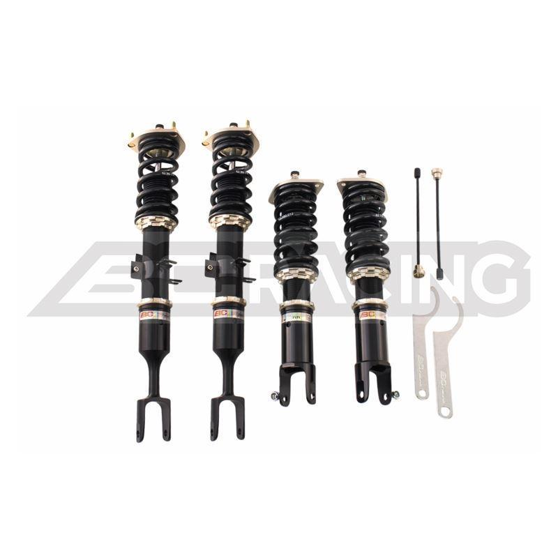 Image displaying BC Racing BR Series True Rear Coilovers installed on a 2003-2008 350Z, 2003-2006 G35 Sedan, and 2003-2007 G35 Coupe. These specialized rear coilovers from the BR Series are designed to optimize the suspension system for the specified vehicle models, providing a blend of performance, adjustability, and ride comfort for an enhanced driving experience.