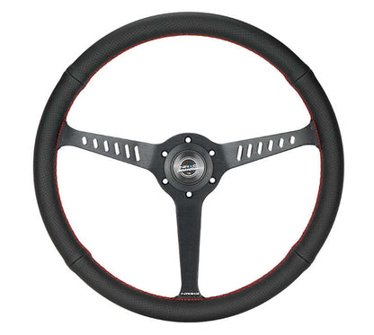 NRG Reinforced Stealth Wheel (380mm) 3 Spoke Center - 1in Deep Dish - Perforated Leather Red Stitch