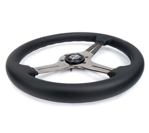 NRG Light Weight Gaming Steering Wheel - 350mm 3 Black Chrome Silver Spokes Perforated Leather