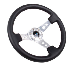NRG Reinforced Steering Wheel (350mm/3in. Deep) White Leather w/Blk Spoke/Round Holes/White Stripes