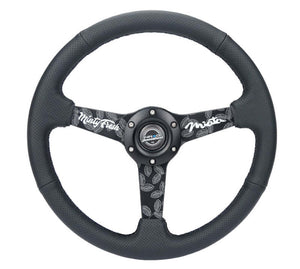 NRG Reinforced Black Perforated Leather Steering Wheel 350mm / 1.5in Deep w/ Goal Digger Blk Stitch