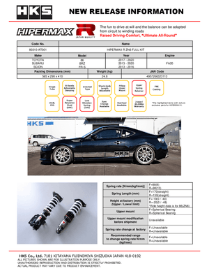 HKS Hipermax R Coilover Kit 2013-2020 FRS / BRZ / 86
