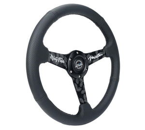 NRG Reinforced Black Perforated Leather Steering Wheel 350mm / 1.5in Deep w/ Goal Digger Blk Stitch