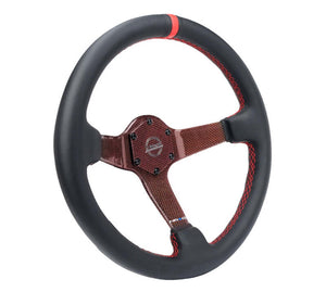 NRG Carbon Fiber Steering Wheel 350mm 3in Deep Red Carbon Fiber Red Stiching Red Center Mark Leather