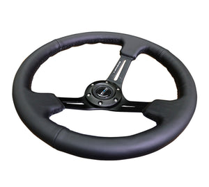 NRG Reinforced Steering Wheel (350mm / 3in. Deep) Blk Leather/Red Stitch w/Neochrome Slits