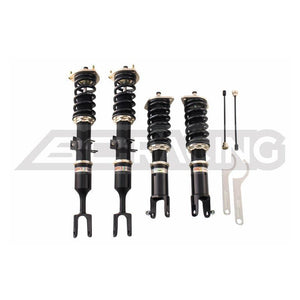 Image displaying BC Racing BR Series True Rear Coilovers installed on a 2003-2008 350Z, 2003-2006 G35 Sedan, and 2003-2007 G35 Coupe. These specialized rear coilovers from the BR Series are designed to optimize the suspension system for the specified vehicle models, providing a blend of performance, adjustability, and ride comfort for an enhanced driving experience.