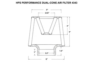 HPS Performance 3.5" Open Top Dual Cone Air Filter, 6.5" Length, HPS-4343