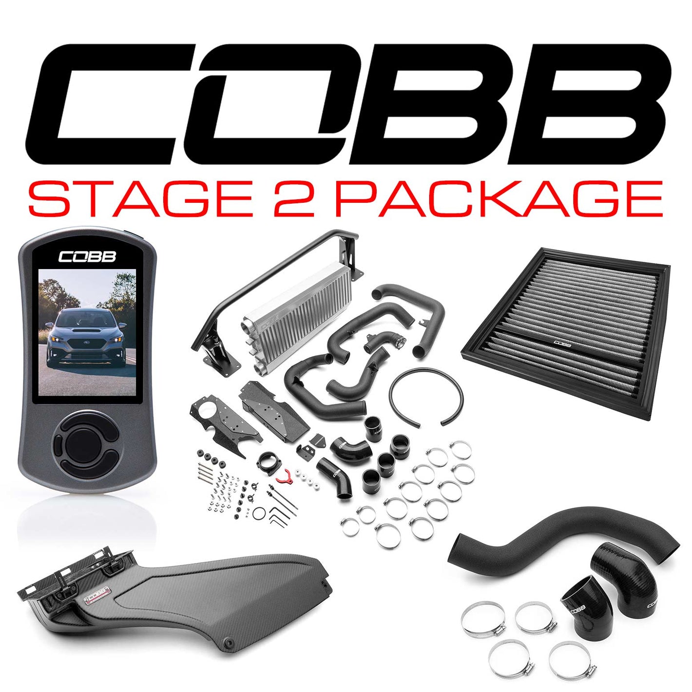 Cobb Stage 2 Power Package w/Silver FMIC & Matte CF Scoop 2022-2025 Subaru WRX