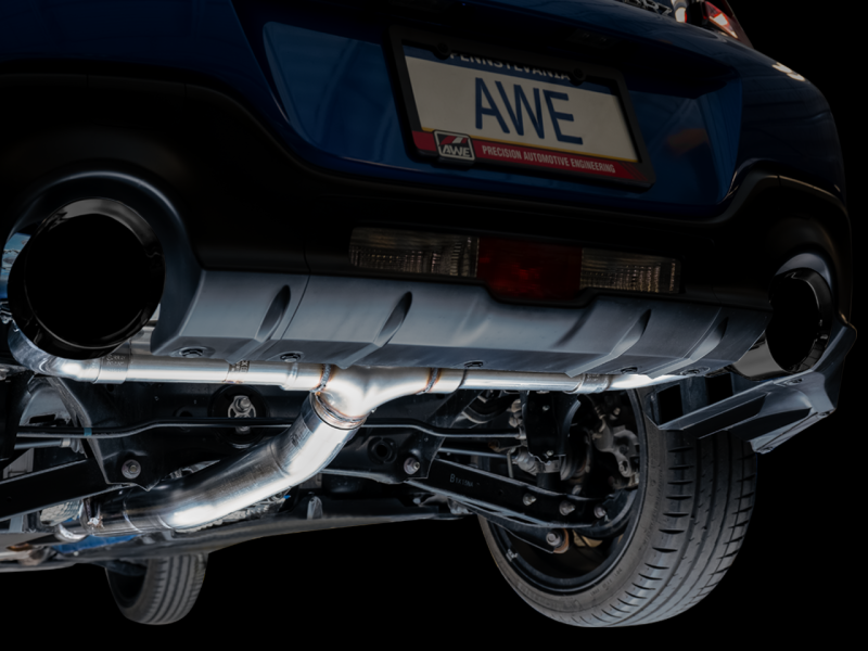 AWE Track Edition Catback Exhaust with Diamond Black Tips for 2013-2022 BRZ, 2017-2021 Toyota 86, and 2022 GR86, offering high-performance and sleek design.