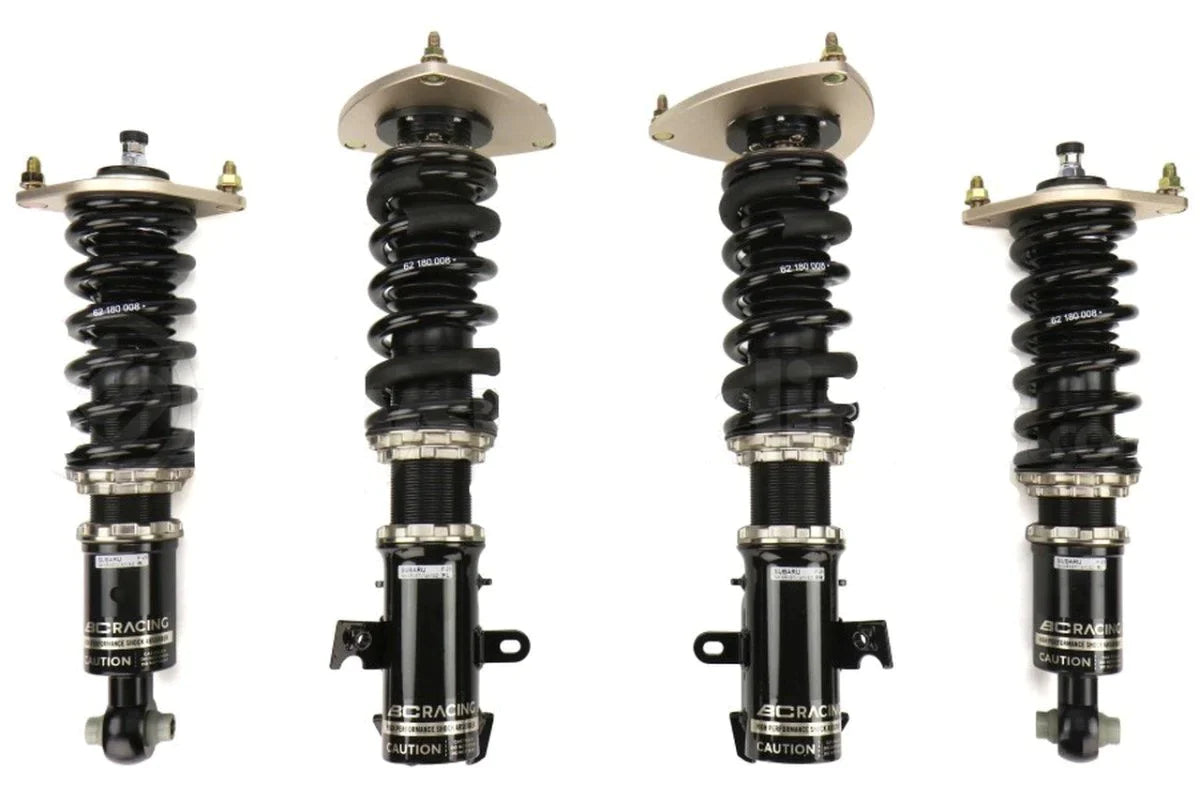 Image showcasing BC Racing BR Coilovers installed on a Subaru WRX/STI model from 2015 to 2021. These high-quality coilovers are designed to enhance the suspension system of the specified vehicle, providing improved performance, adjustability, and ride comfort.