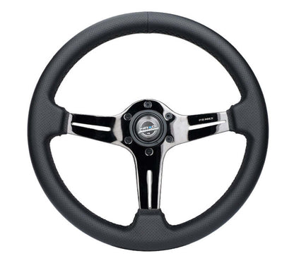 NRG Light Weight Gaming Steering Wheel - 350mm 3 Black Chrome Silver Spokes Perforated Leather