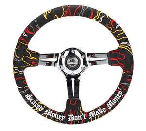 NRG Reinforced Steering Wheel R Litteral Sig 3in Deep/5mm Chrm Spk - Blk Alc w/ Red Stitch