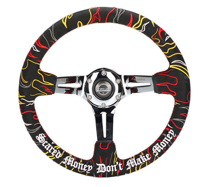 NRG Reinforced Steering Wheel R Litteral Sig 3in Deep/5mm Chrm Spk - Blk Alc w/ Red Stitch