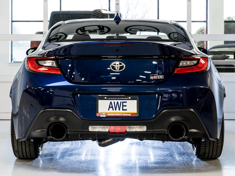 AWE Track Edition Catback Exhaust with Diamond Black Tips for 2013-2022 BRZ, 2017-2021 Toyota 86, and 2022 GR86, offering high-performance and sleek design.