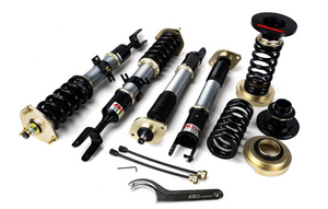 Photograph of BC Racing DS Series Divorced Rear Coilovers installed on a 2003-2008 350Z, 2003-2006 G35 Sedan, and 2003-2007 G35 Coupe. These specialized rear coilovers feature a divorced design, optimizing suspension performance for the specified vehicle models, providing a unique and effective solution for improved handling and ride quality.
